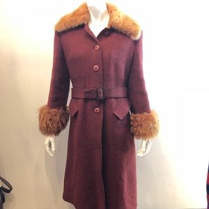 Vintage Burgundy Wool Jacket with Faux Fur Trim